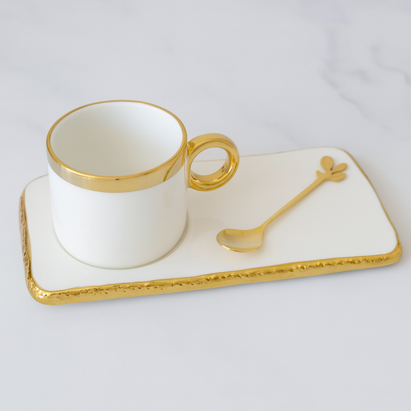 HOME Juego taza con cuchara blanco/dorado